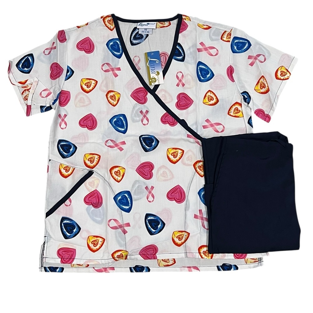 Liana Women’s Scrub Set X-small NWT Pink Ribbon Heart Print Top & Pants